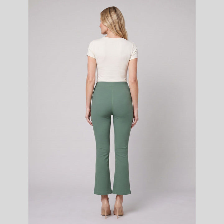 Roselyne high-rise flare pants in sage green, back view on model