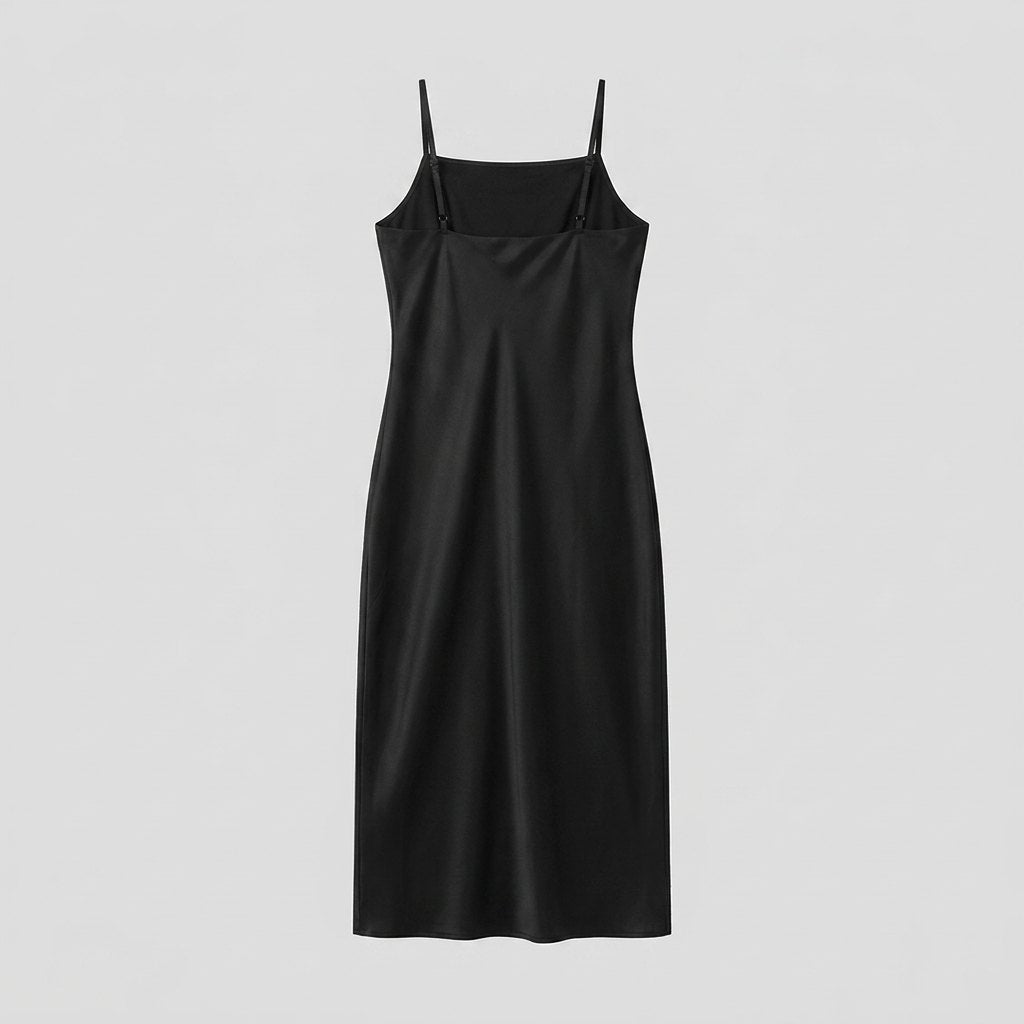 Roxane black midi slip dress back view