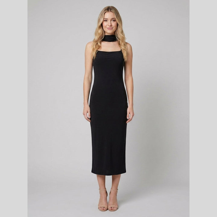 Roxane black slim-fit midi slip dress front on model