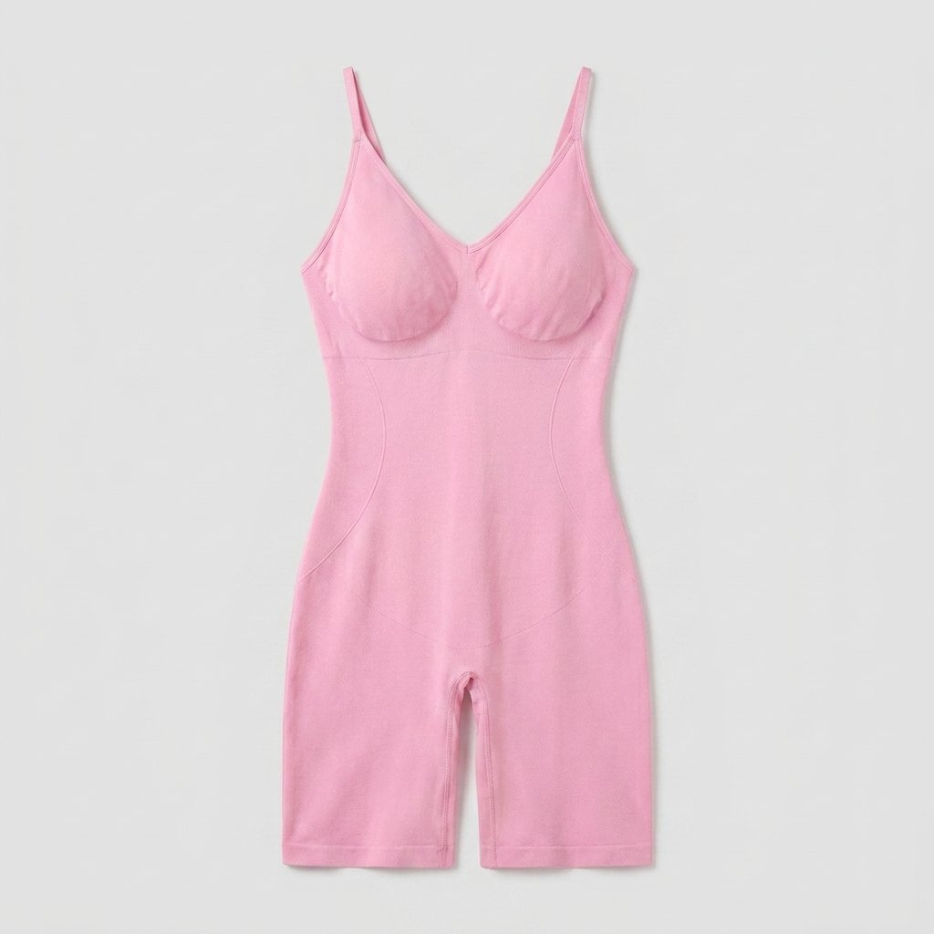 Seamless full body shaper in pink, flat-lay front view