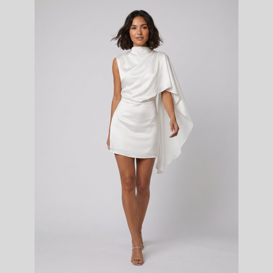 Sari asymmetrical satin mini dress white side pose
