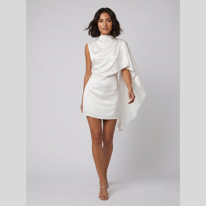 Sari asymmetrical satin mini dress white side pose