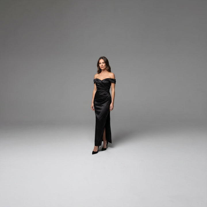 Sasha off-shoulder ruched shimmer-knit maxi dress in black