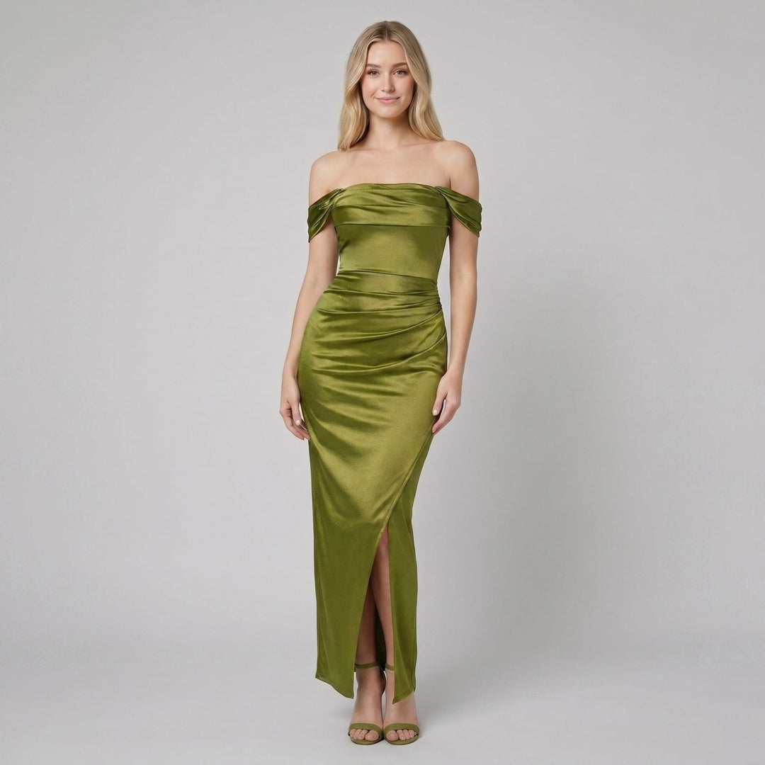 Sasha off-shoulder ruched shimmer-knit maxi dress in olive green