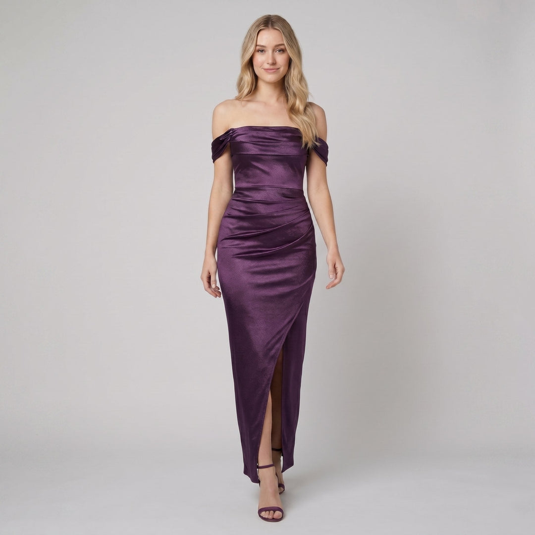 Sasha off-shoulder ruched shimmer-knit maxi dress in plum purple