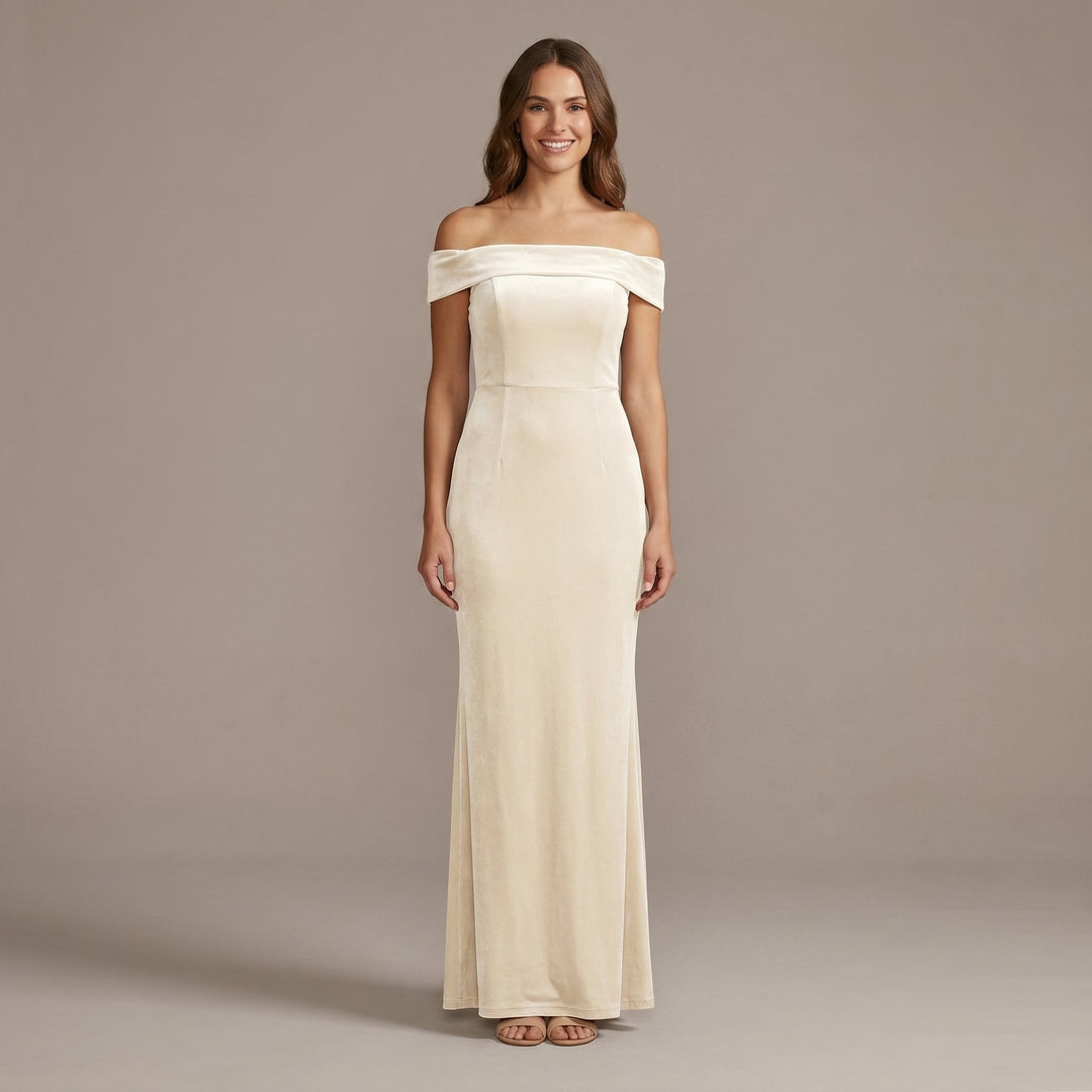 Sasha off-shoulder ruched shimmer-knit maxi dress in ivory white