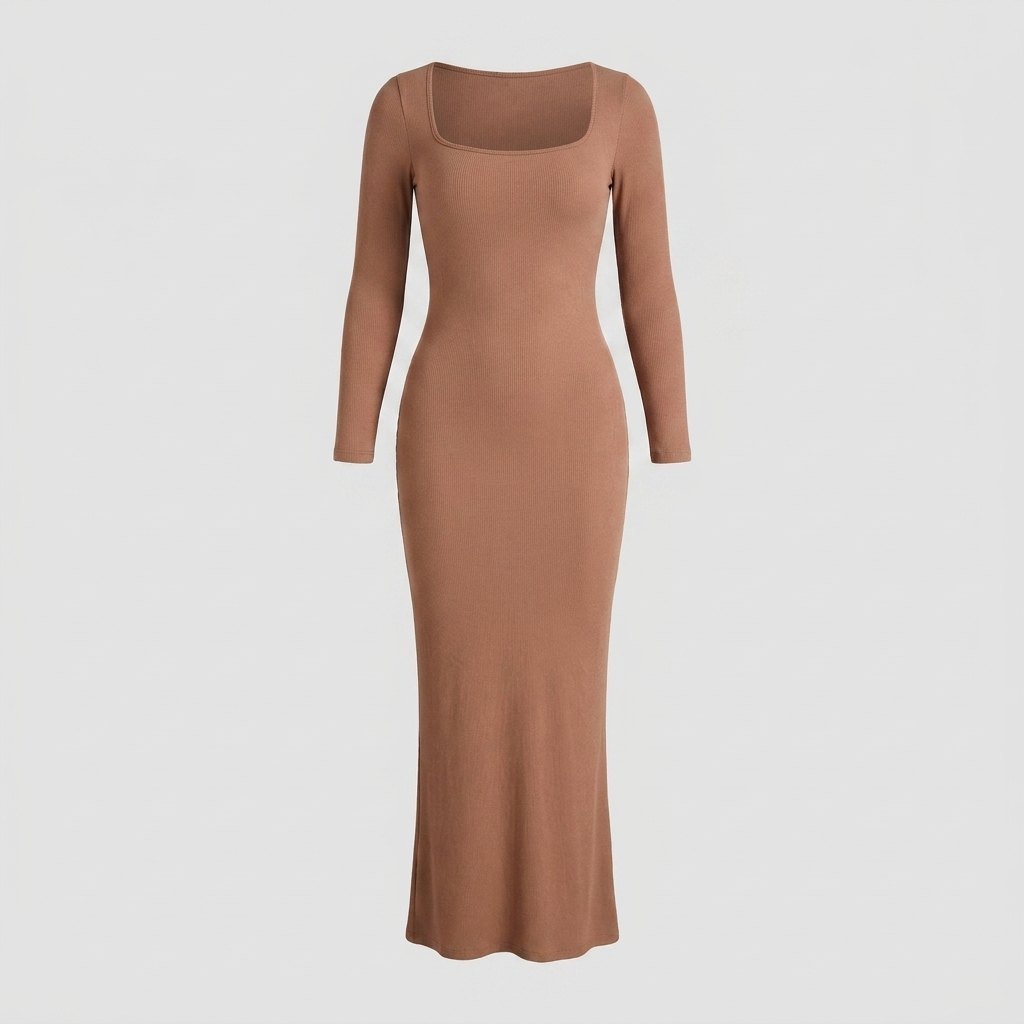 Sculptura long sleeve maxi shapewear dress light brown flat-lay