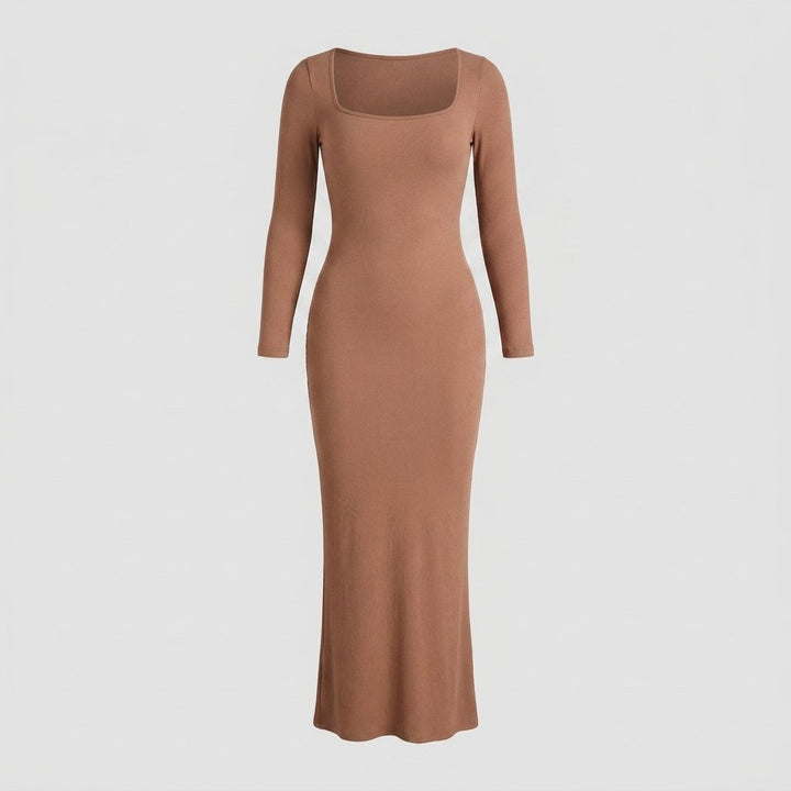 Sculptura long sleeve maxi shapewear dress light brown flat-lay