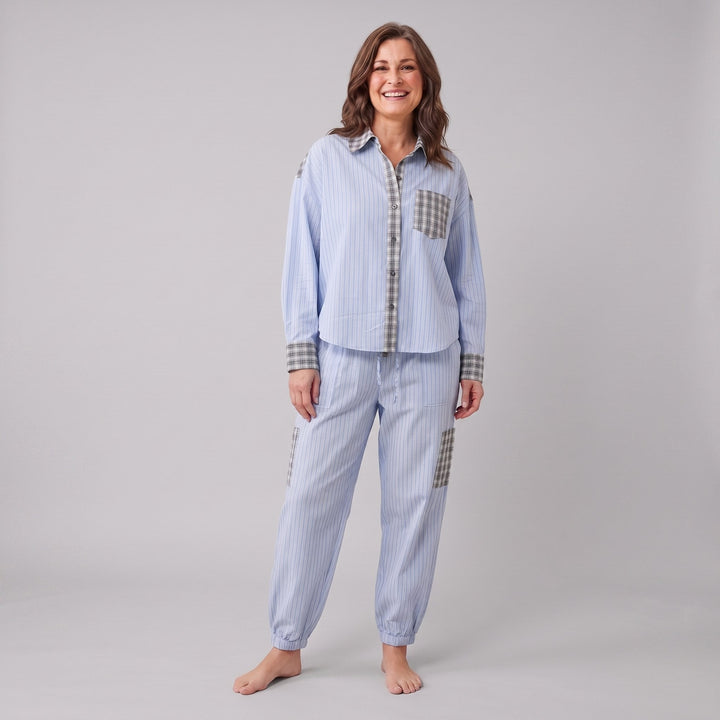 Serene lounge set in light blue pinstripe, front view on model