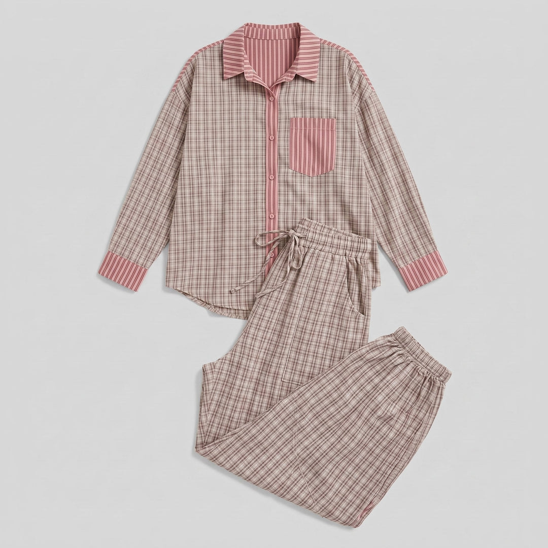 Serene lounge set taupe pink plaid, two-piece product flat-lay