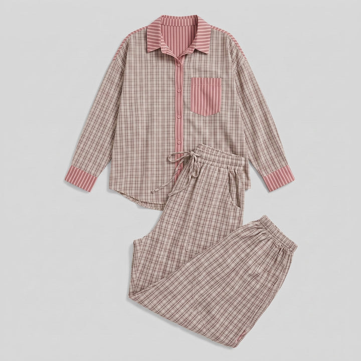 Serene lounge set taupe pink plaid, two-piece product flat-lay