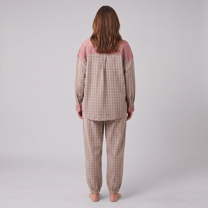 Serene lounge set in taupe pink plaid, back view on model