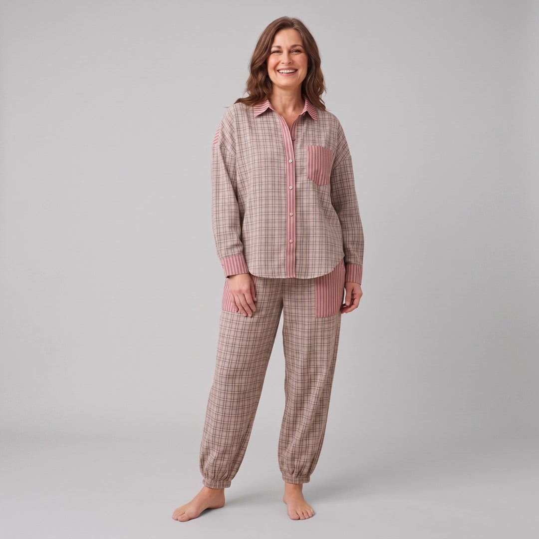 Serene lounge set in taupe pink plaid, front view on model