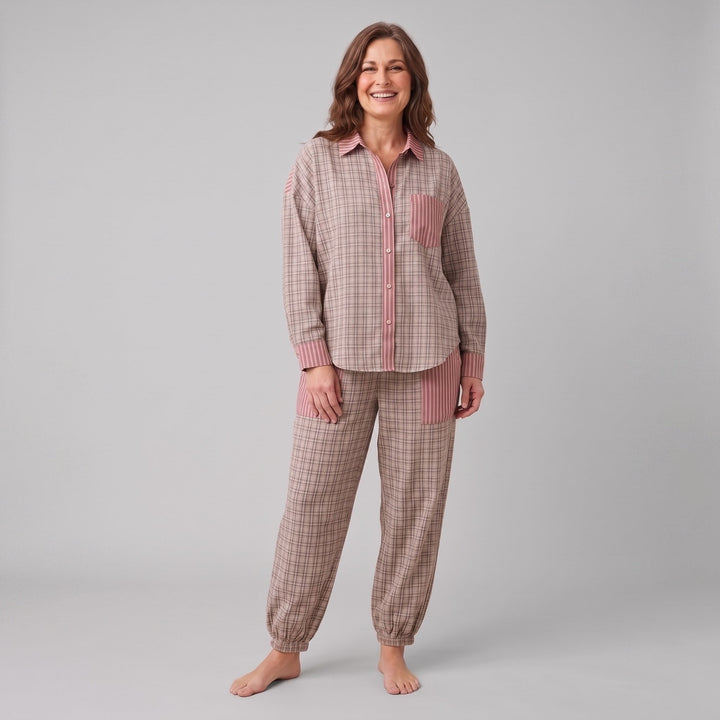 Serene lounge set in taupe pink plaid, front view on model