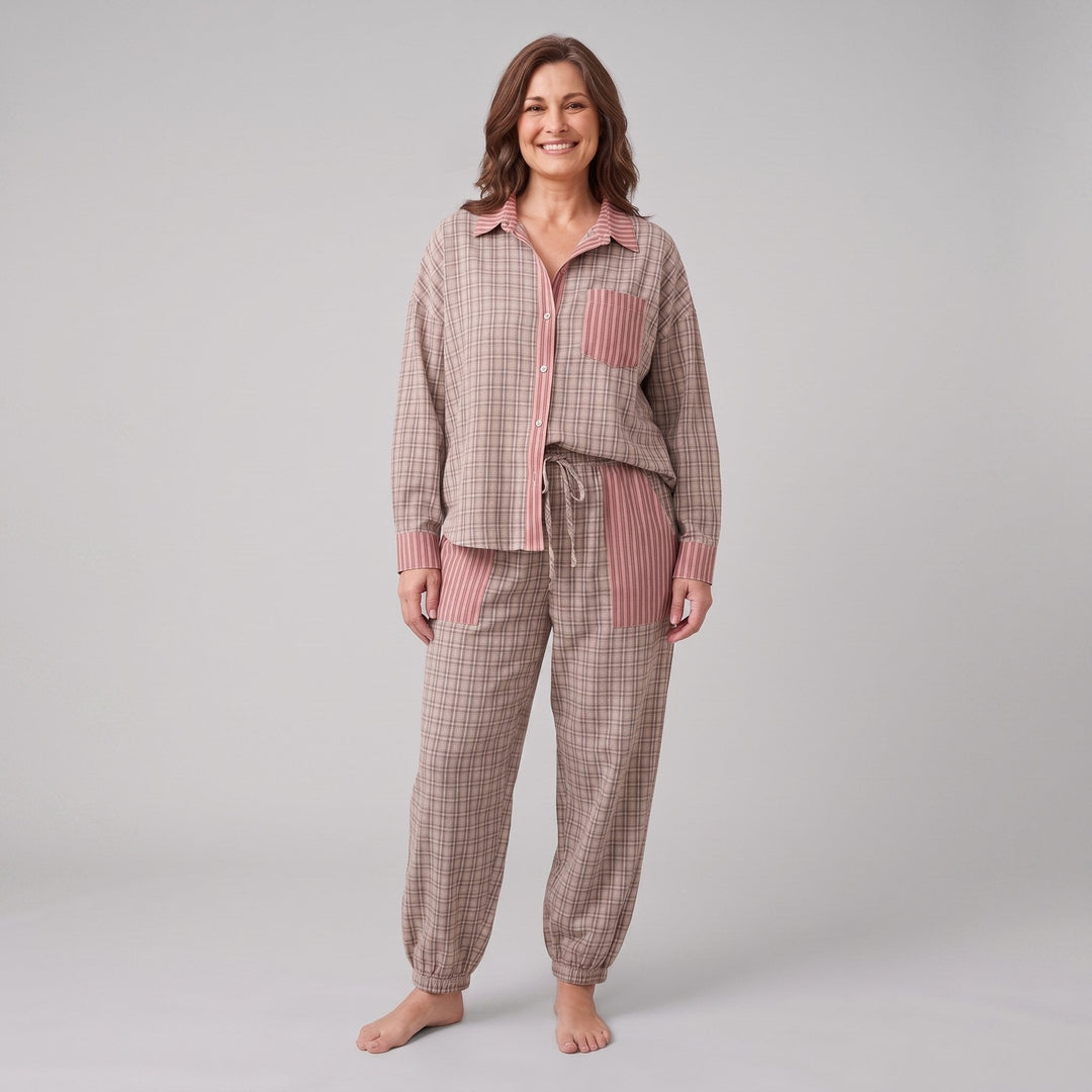 Serene lounge set in taupe pink plaid, relaxed front pose on model