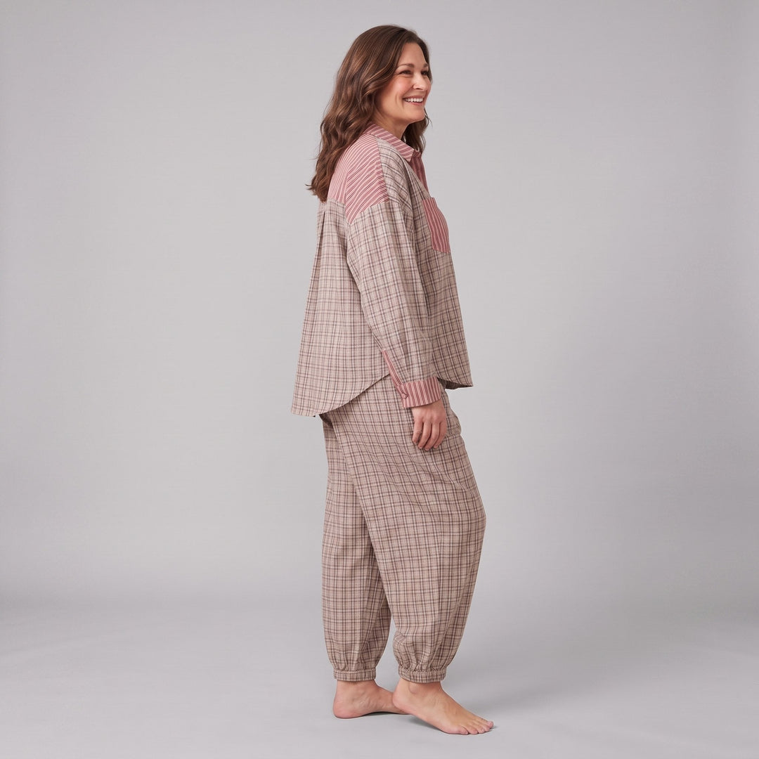 Serene lounge set in taupe pink plaid, side view on model