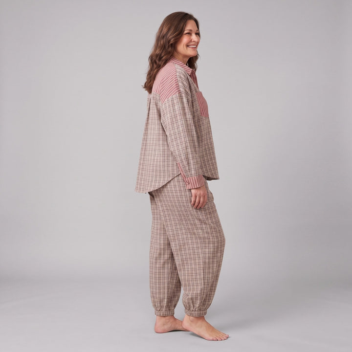 Serene lounge set in taupe pink plaid, side view on model