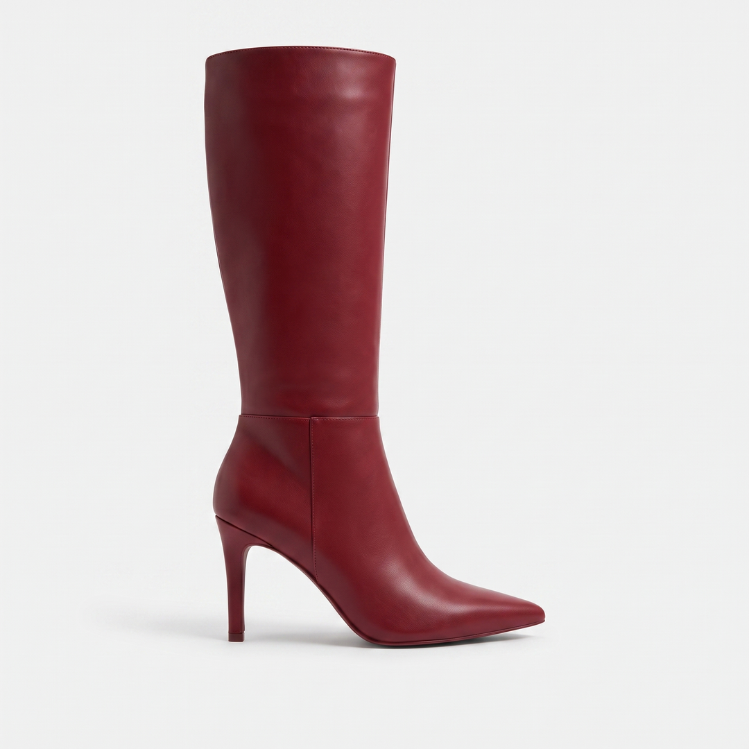 Serene vegan leather pointed toe mid-calf boot in red