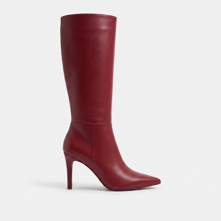 Serene vegan leather pointed toe mid-calf boot in red