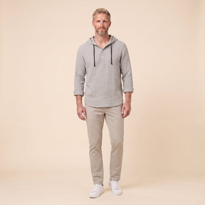 Seven linen hooded henley shirt in grey, front view on model