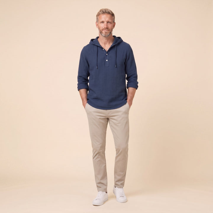Seven linen hooded henley shirt in navy, relaxed front pose on model