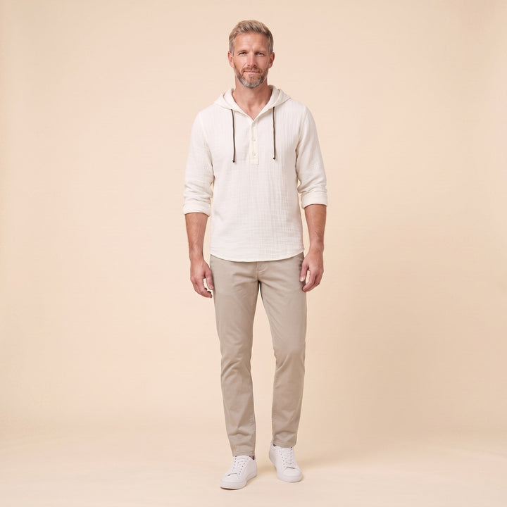 Seven linen hooded henley shirt in white, front view on model