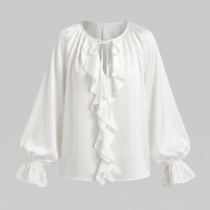 Severine satin ruffle blouse, flat-lay
