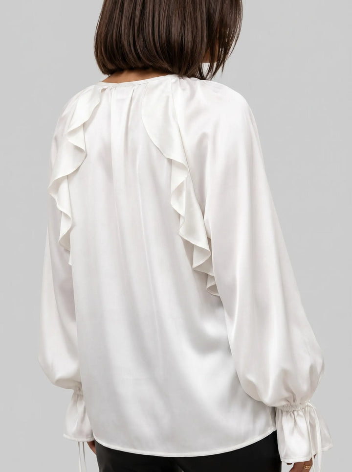 Severine satin ruffle blouse in white, back view