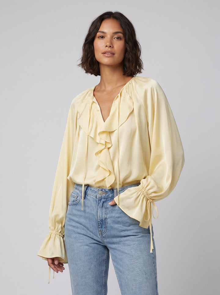 Severine satin ruffle blouse in yellow, front view