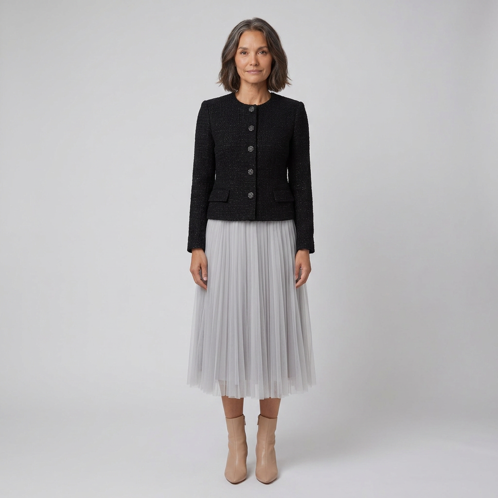 Black and grey tweed jacket with pleated tulle midi skirt, front view on model