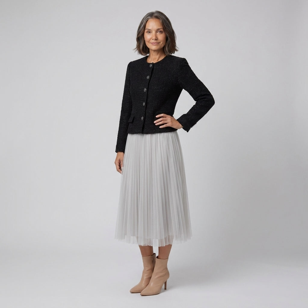 Tweed jacket and pleated tulle midi skirt set, second pose on model