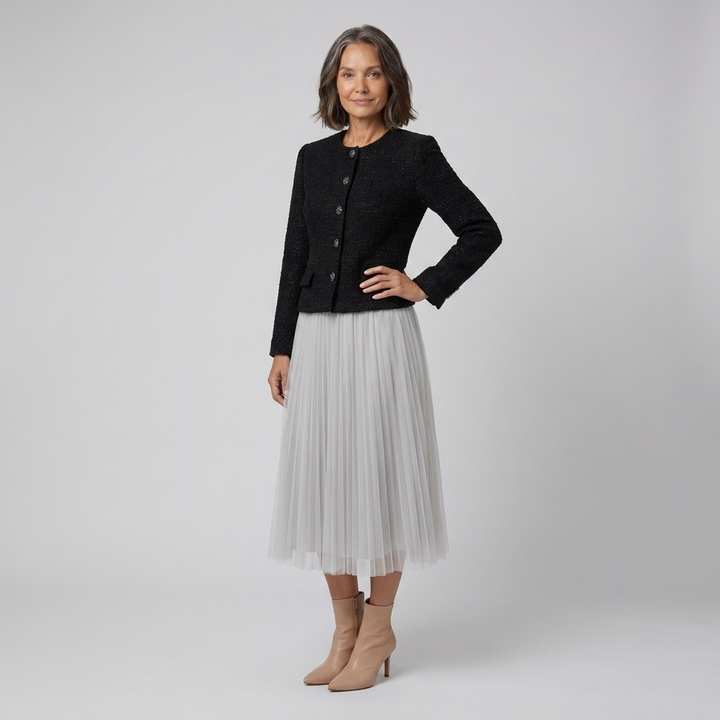 Tweed jacket and pleated tulle midi skirt set, second pose on model