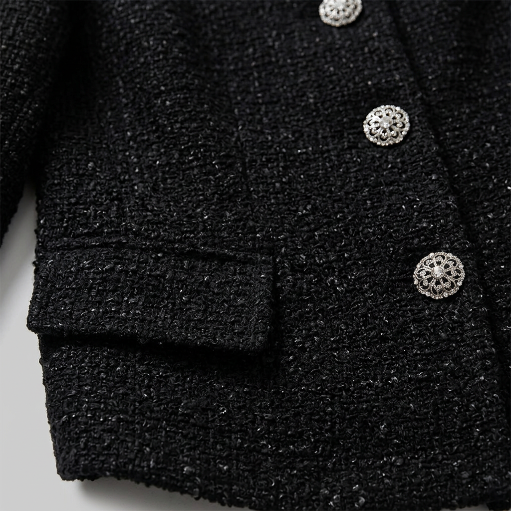 Close-up of the decorative buttons and flap pocket on the tweed jacket