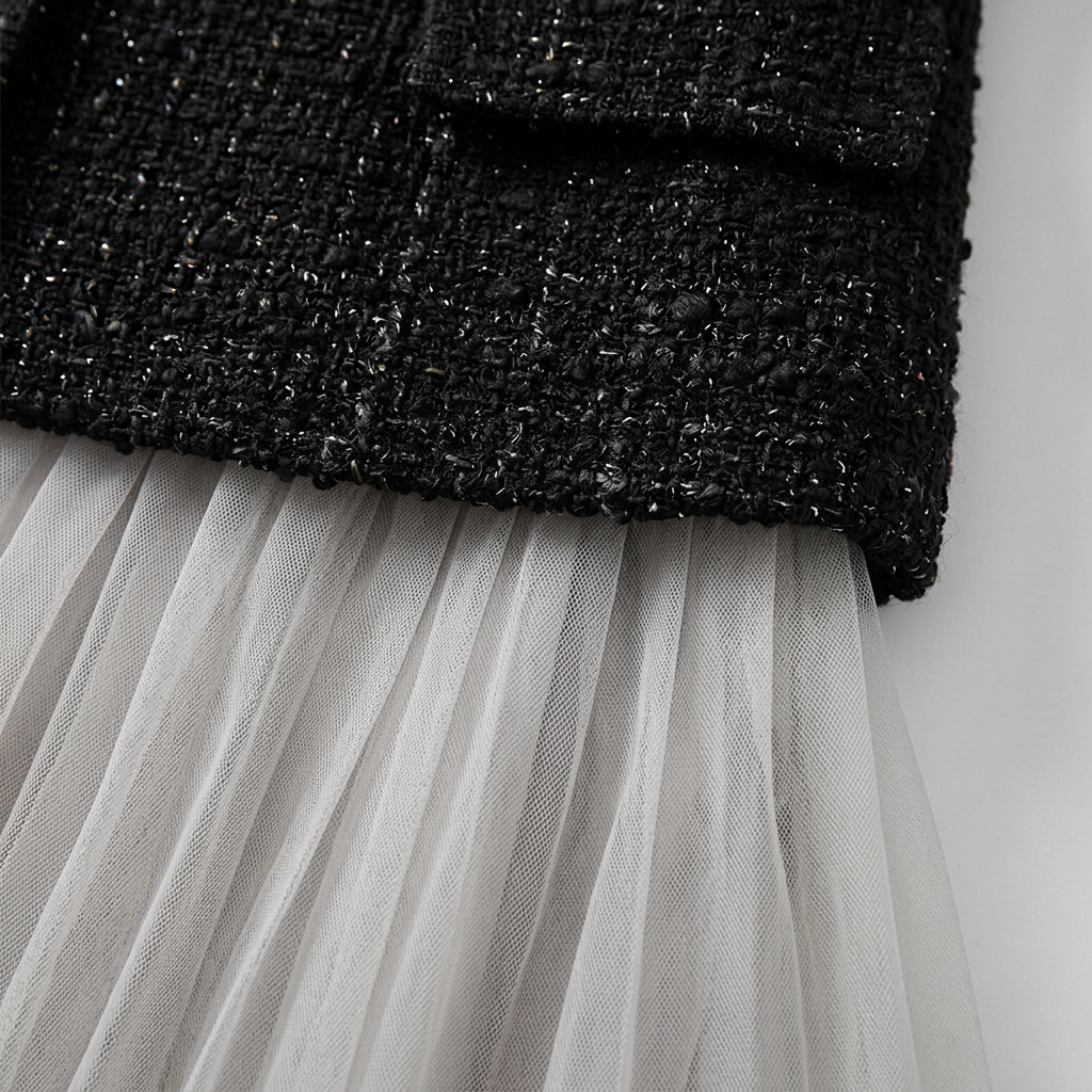 Close-up of the textured tweed and the fine tulle pleating