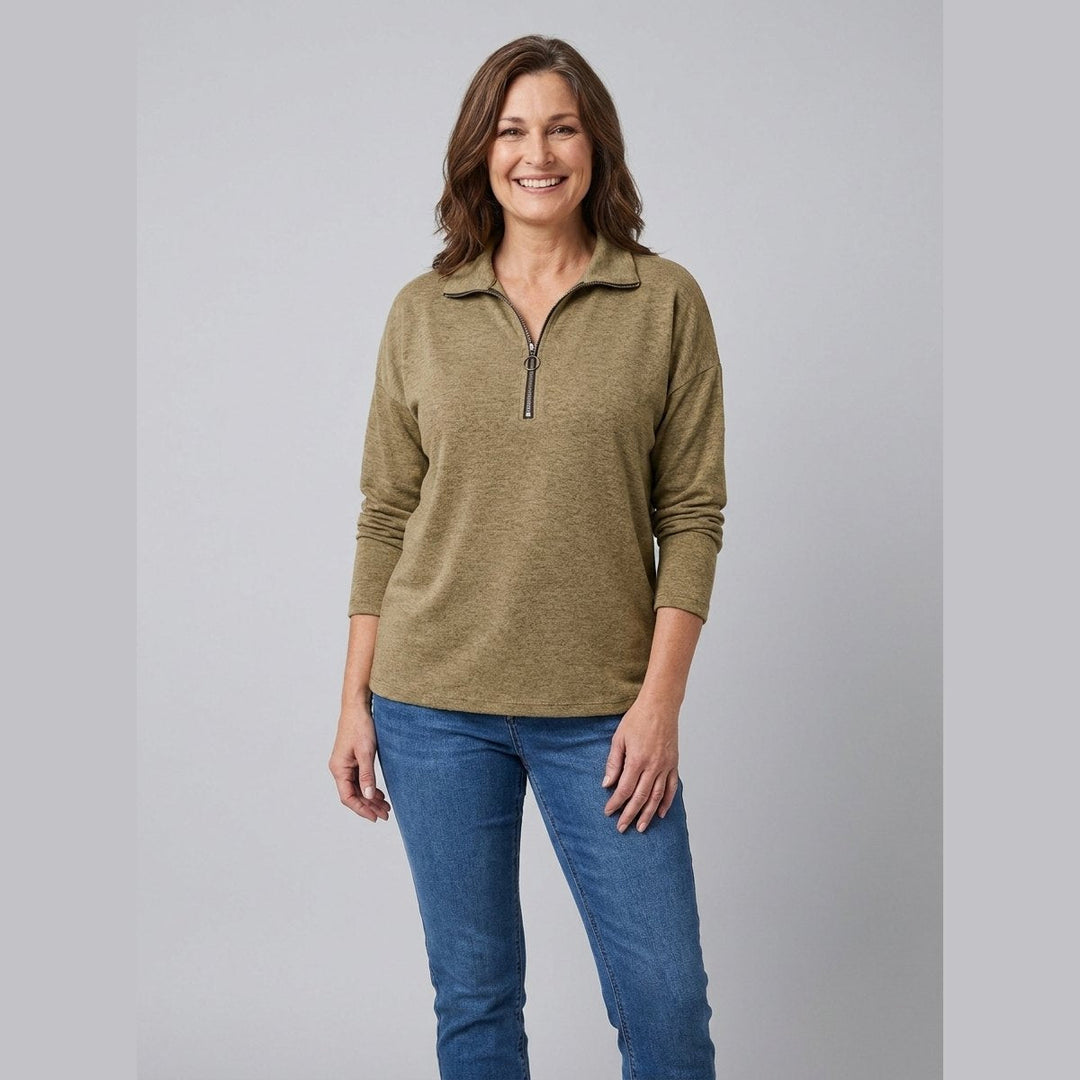 Sheena quarter-zip long-sleeve top in khaki