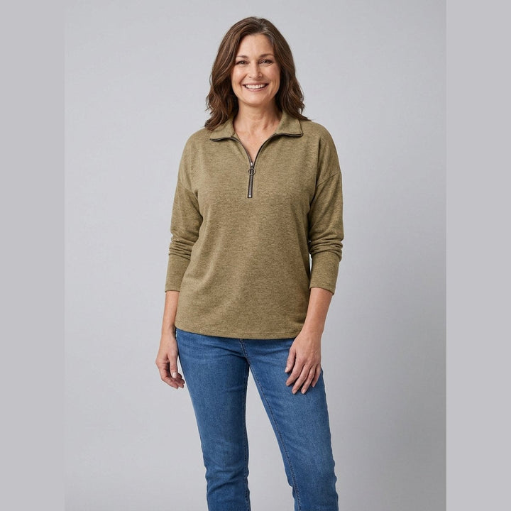 Sheena quarter-zip long-sleeve top in khaki