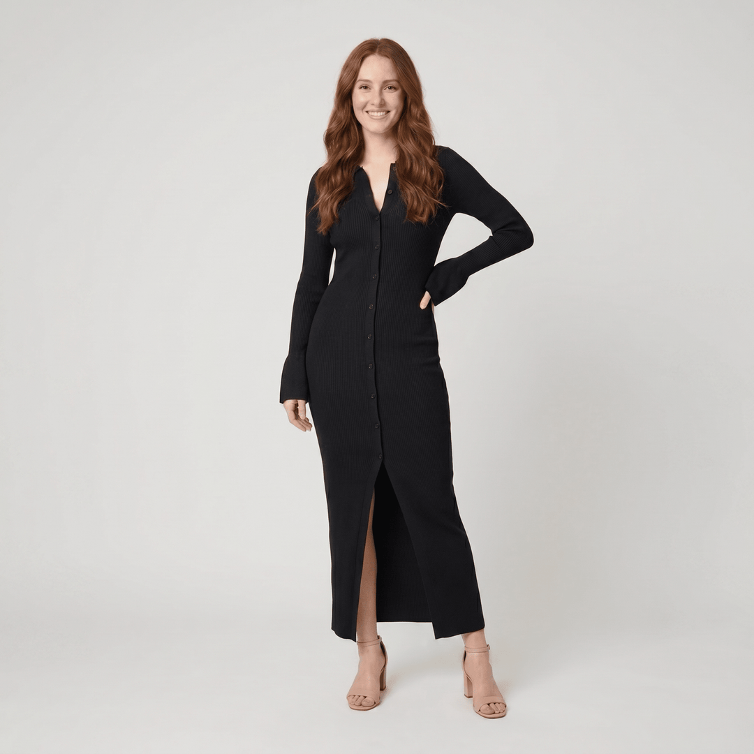 Shelly black ribbed knit collared maxi dress