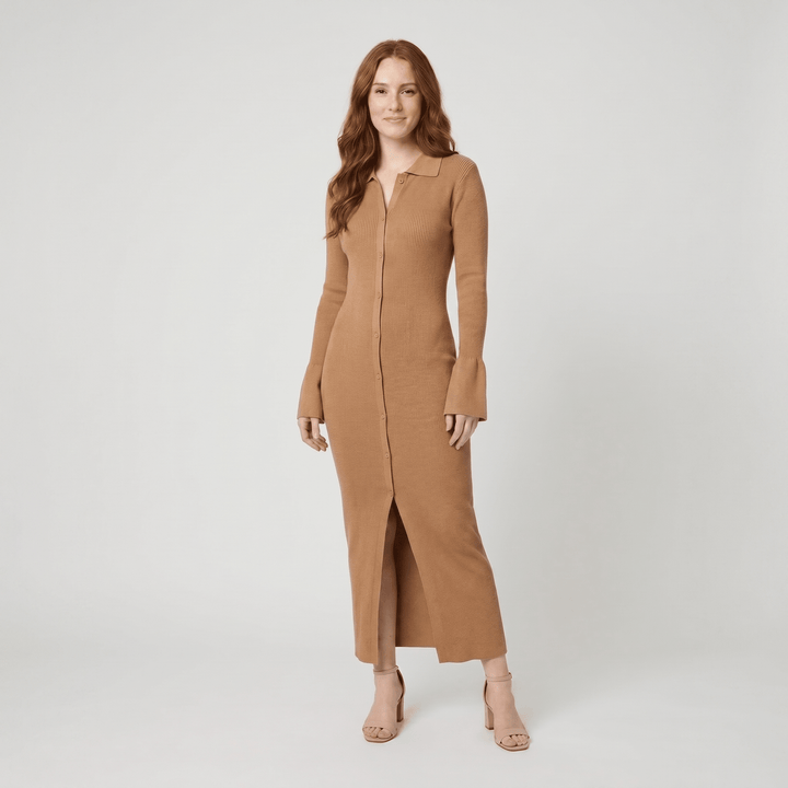 Shelly camel ribbed knit collared maxi dress