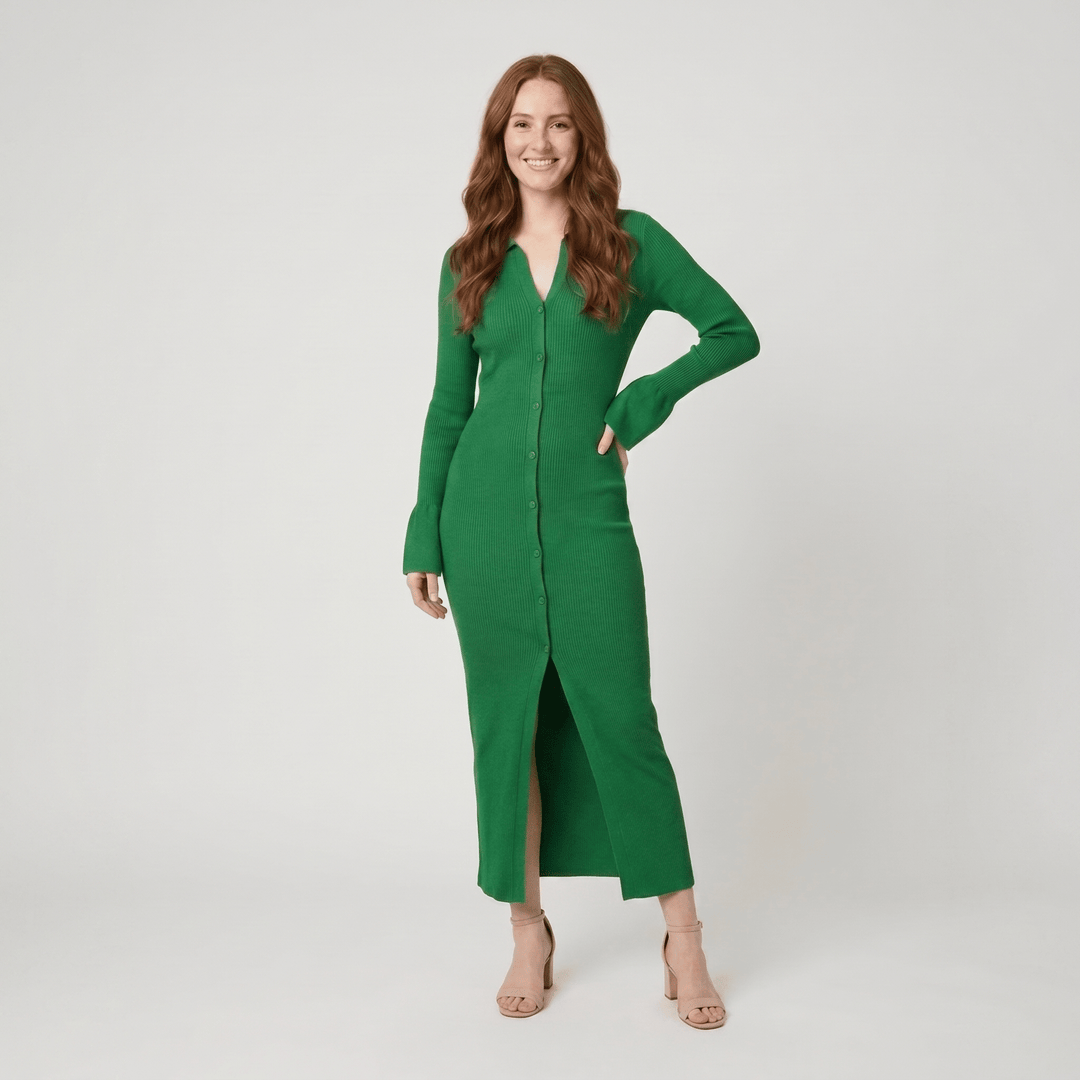 Shelly green ribbed knit collared maxi dress