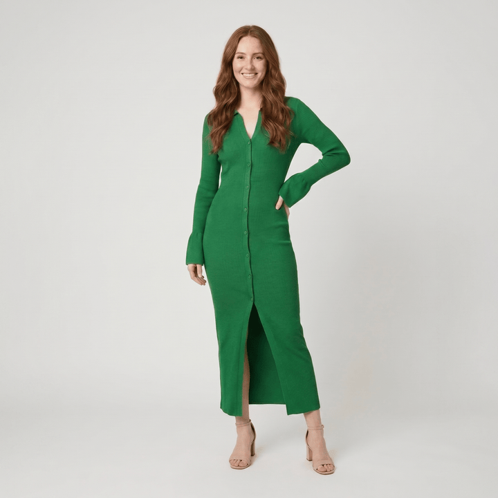 Shelly green ribbed knit collared maxi dress