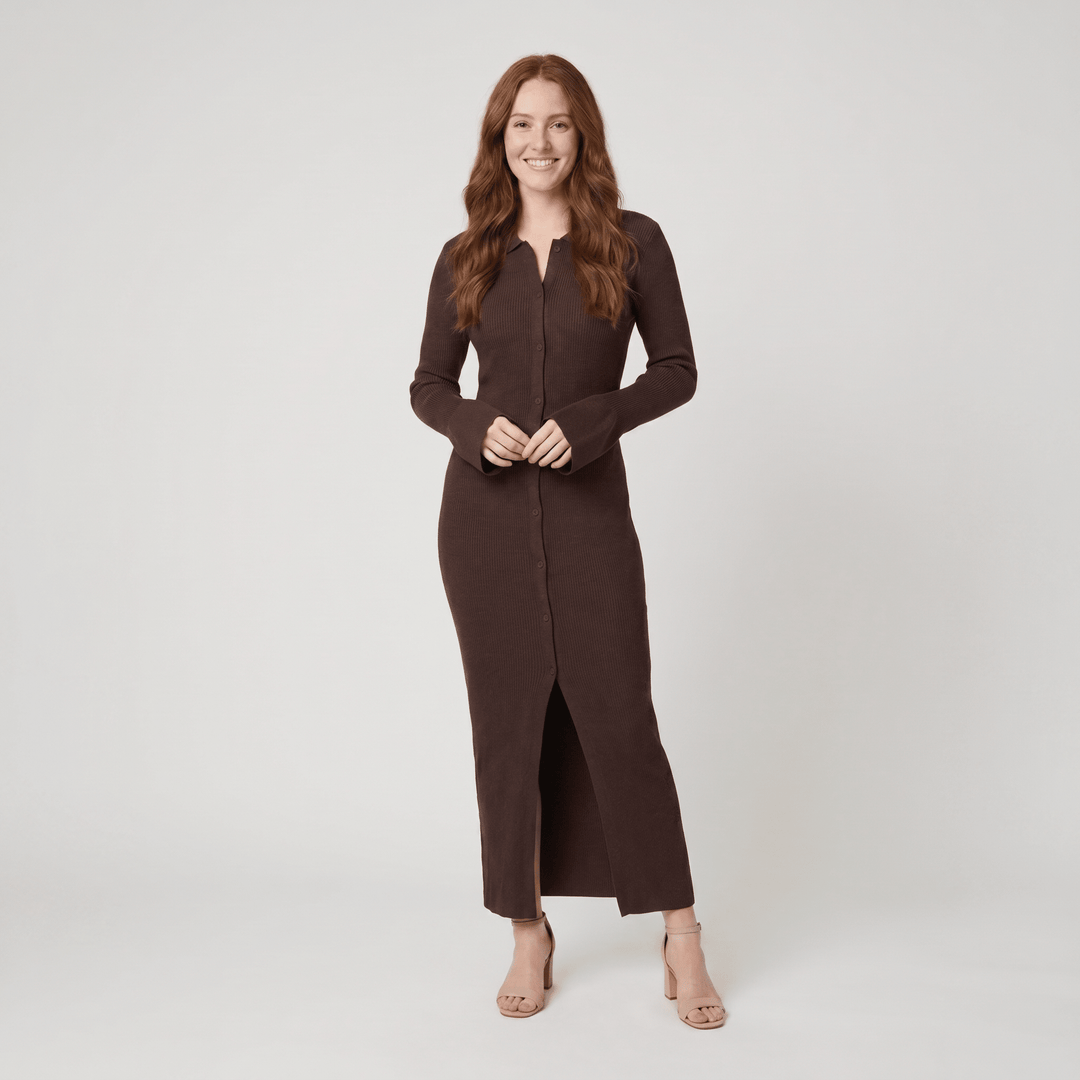 Shelly dark brown ribbed knit collared maxi dress