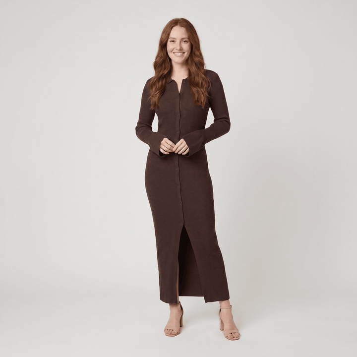 Shelly dark brown ribbed knit collared maxi dress