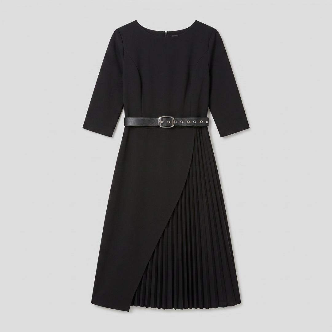 Black belted midi dress laid flat, full garment