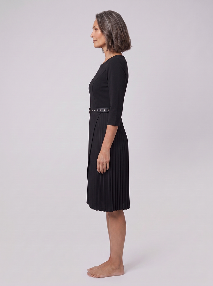 Black belted midi dress, side view on model