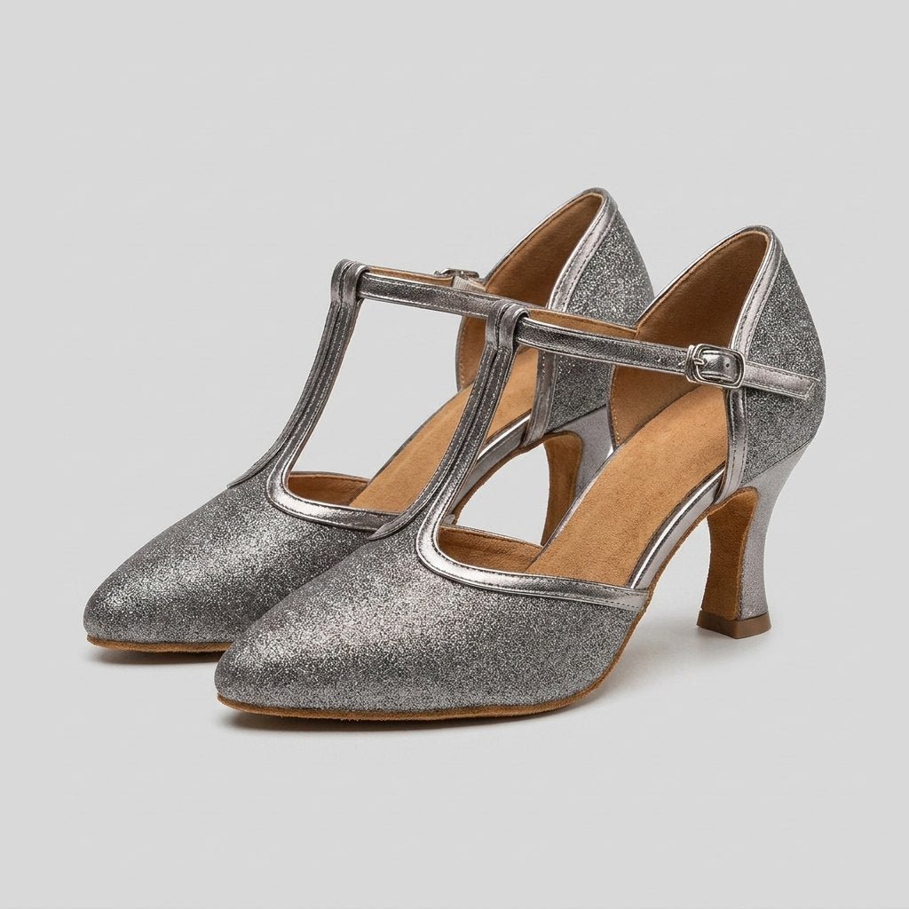 Slee silver-gray T-strap dance heels