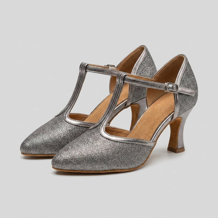 Slee silver-gray T-strap dance heels