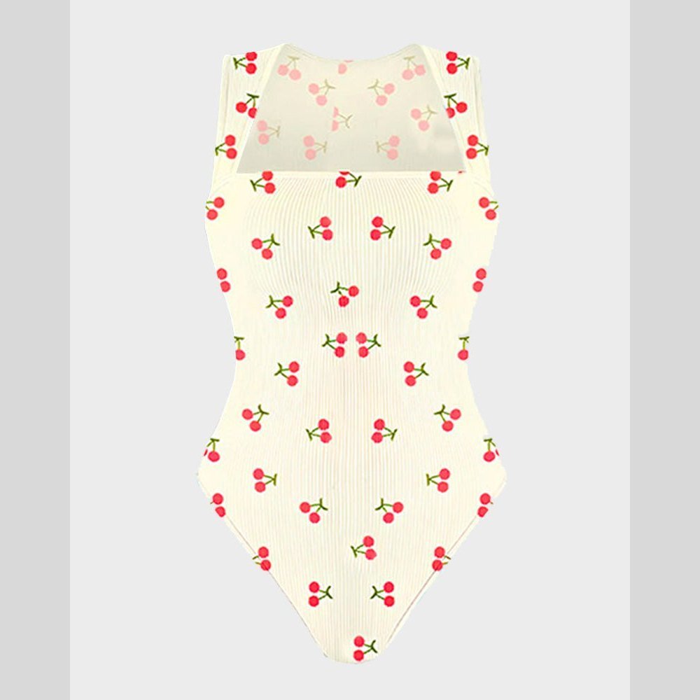 Sleek Shapewear Bodysuit Cherry Beige cherry print