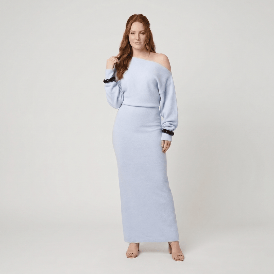 Solange strapless knit maxi dress blue on model