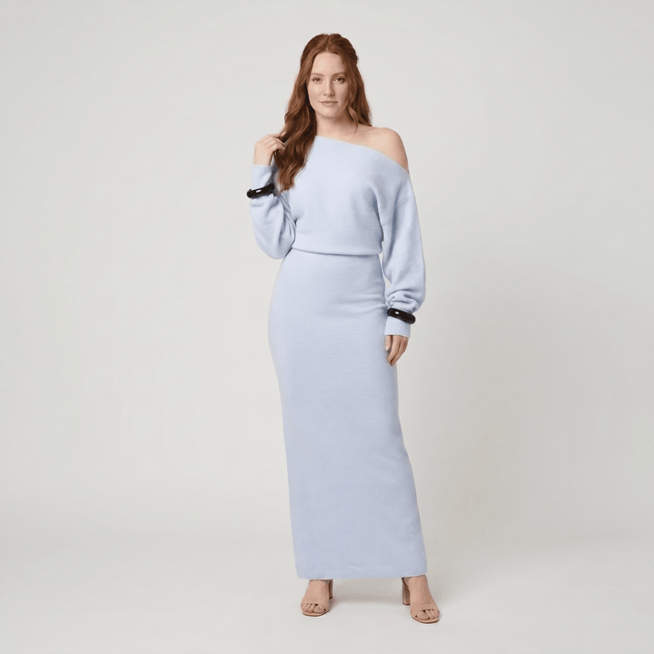 Solange strapless knit maxi dress blue on model