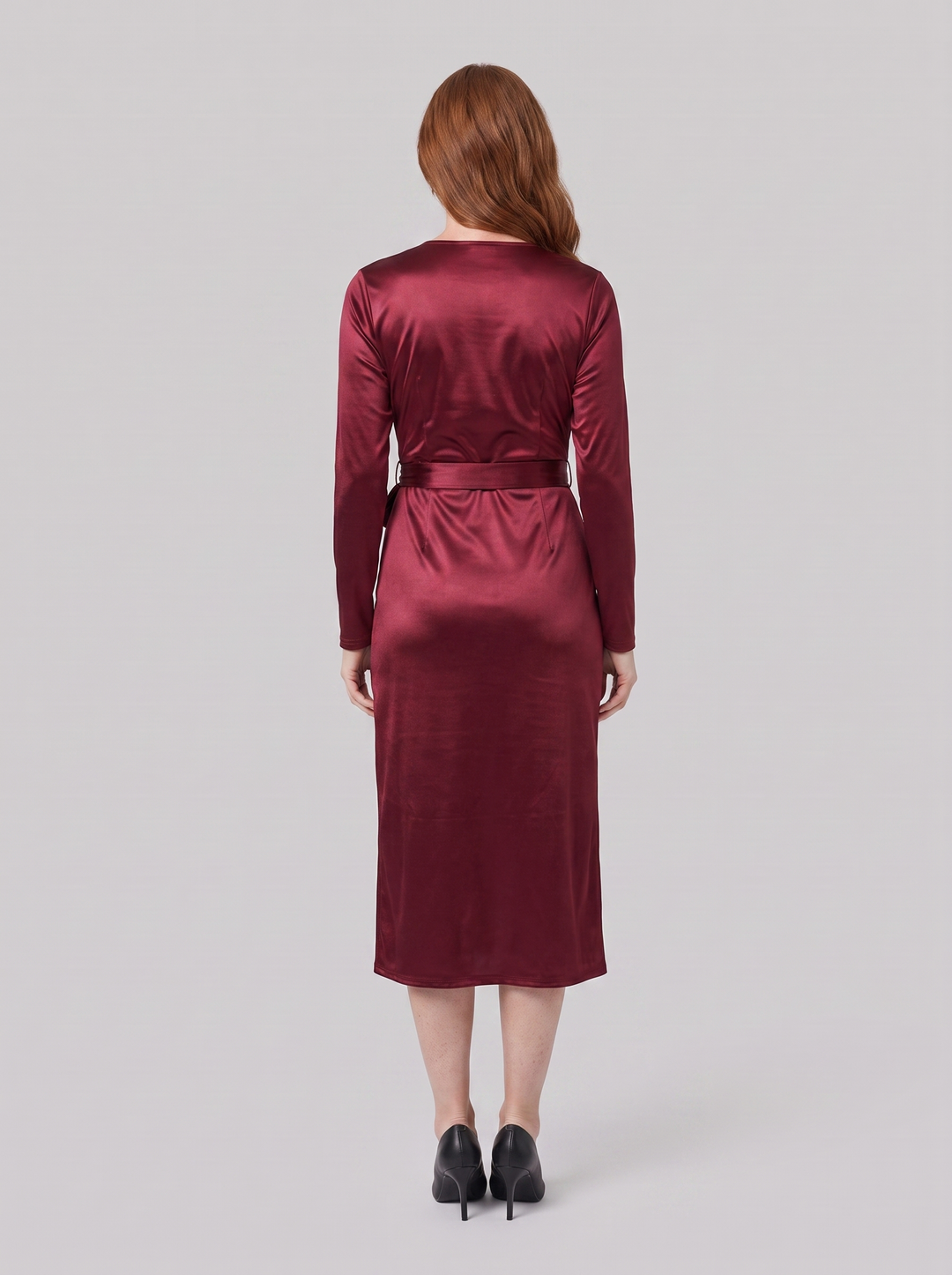 Solveig burgundy wrap dress back view